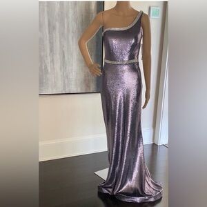 Camille La Vie One-Shoulder Metallic Purple Gown